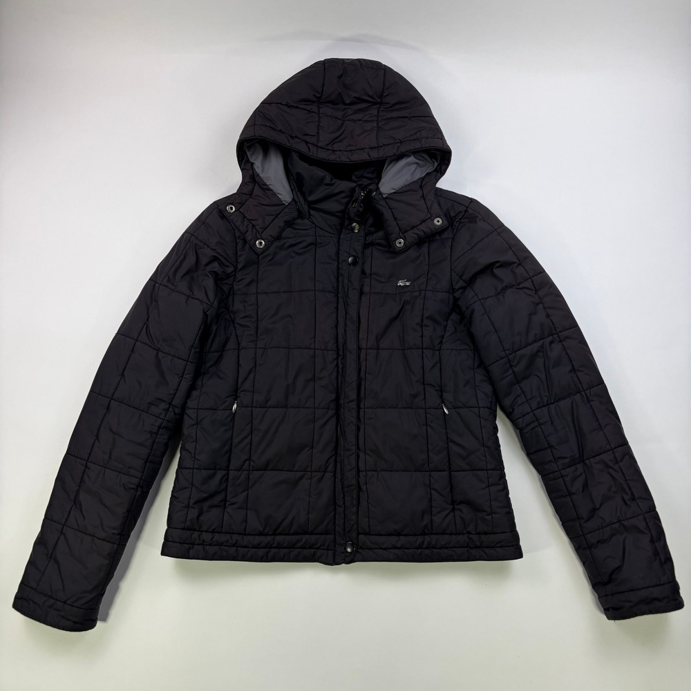 Lacoste Quilted Puffer Jacket Women 40 Black Detachable Hood Full Zip Sporty